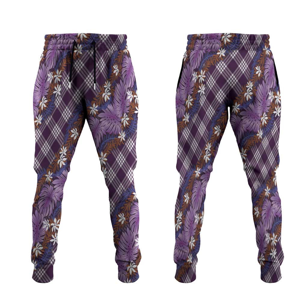 Polynesian Monstera Tiare Floral Jogger Pants Lavender Tropical Plaid LT01 Purple - Polynesian Pride