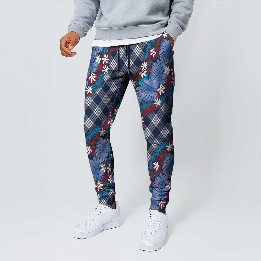 Polynesian Monstera Tiare Floral Jogger Pants Royal Blue Tropical Plaid - Polynesian Pride
