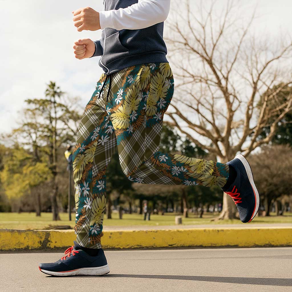 Polynesian Monstera Tiare Floral Jogger Pants Yellow Tropical Plaid - Polynesian Pride