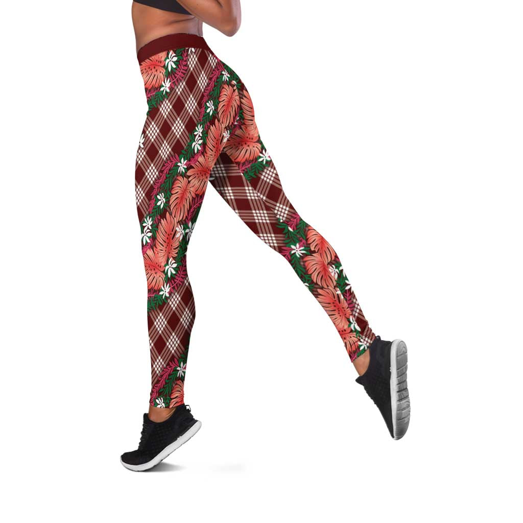 Polynesian Monstera Tiare Floral Leggings Burgundy Tropical Plaid - Polynesian Pride