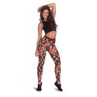 Polynesian Monstera Tiare Floral Leggings Burgundy Tropical Plaid - Polynesian Pride