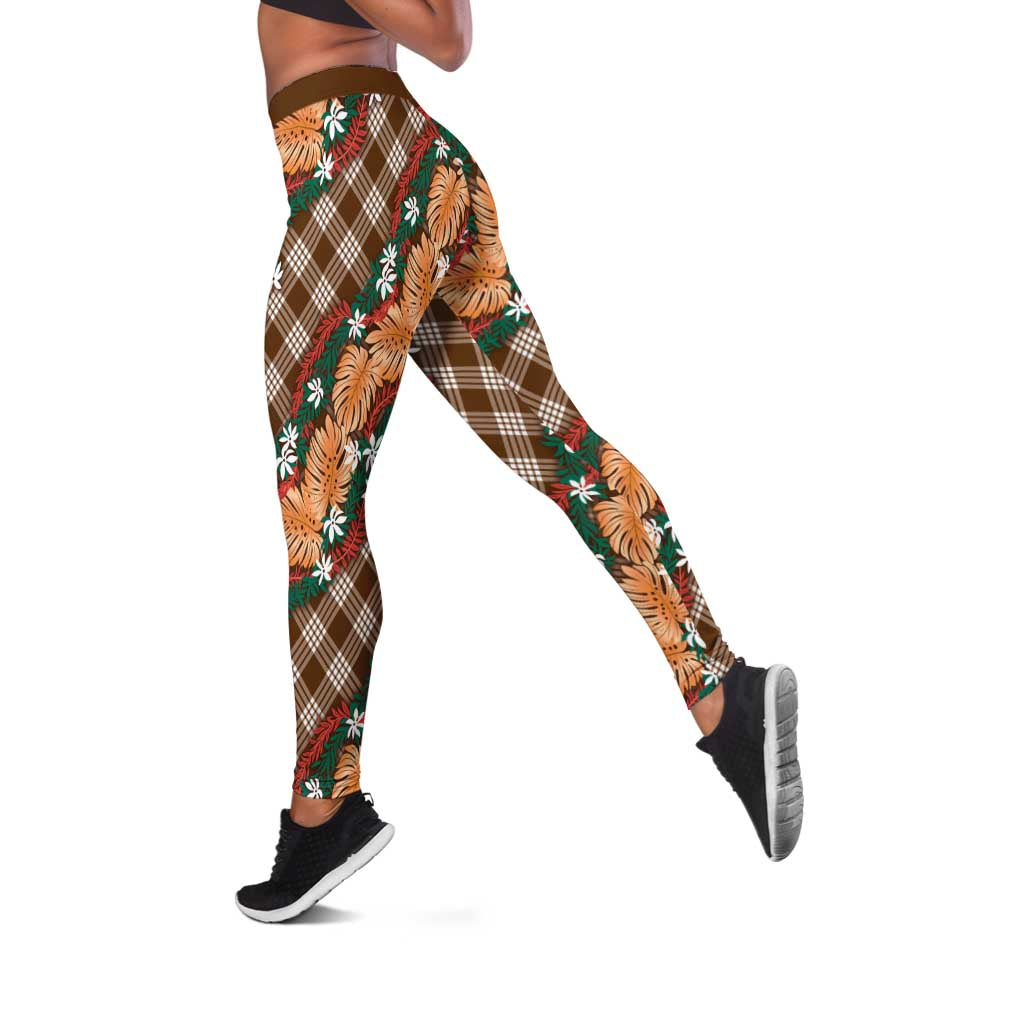 Polynesian Monstera Tiare Floral Leggings Chocolate Brown Tropical Plaid - Polynesian Pride