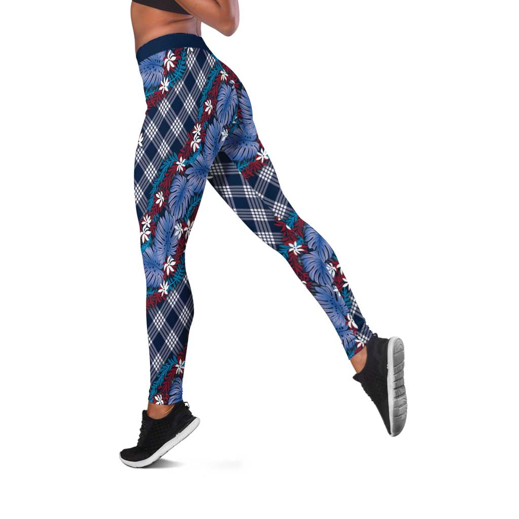 Polynesian Monstera Tiare Floral Leggings Royal Blue Tropical Plaid - Polynesian Pride