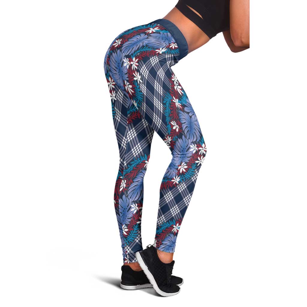 Polynesian Monstera Tiare Floral Leggings Royal Blue Tropical Plaid - Polynesian Pride