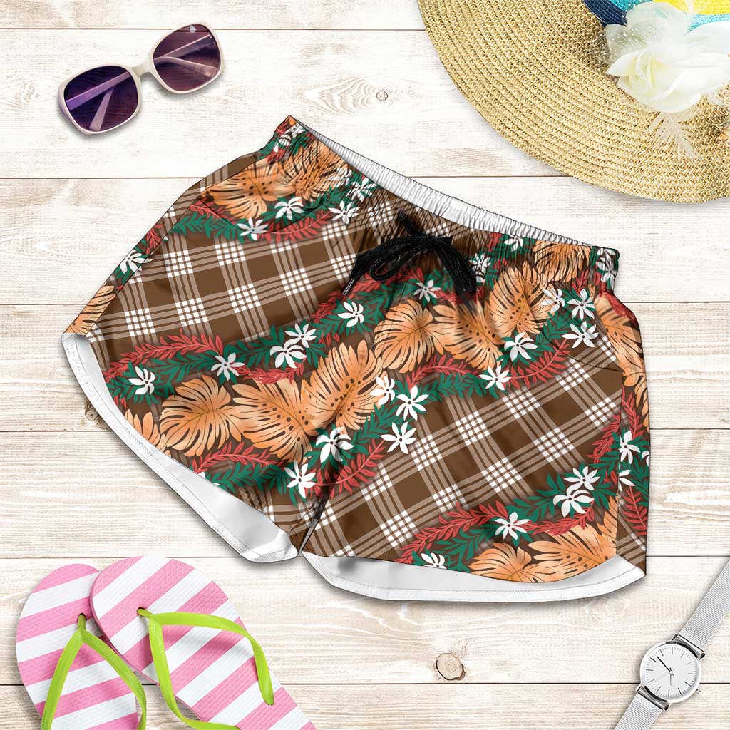 Polynesian Monstera Tiare Floral Shorts for Women Chocolate Brown Tropical Plaid LT01 Brown - Polynesian Pride