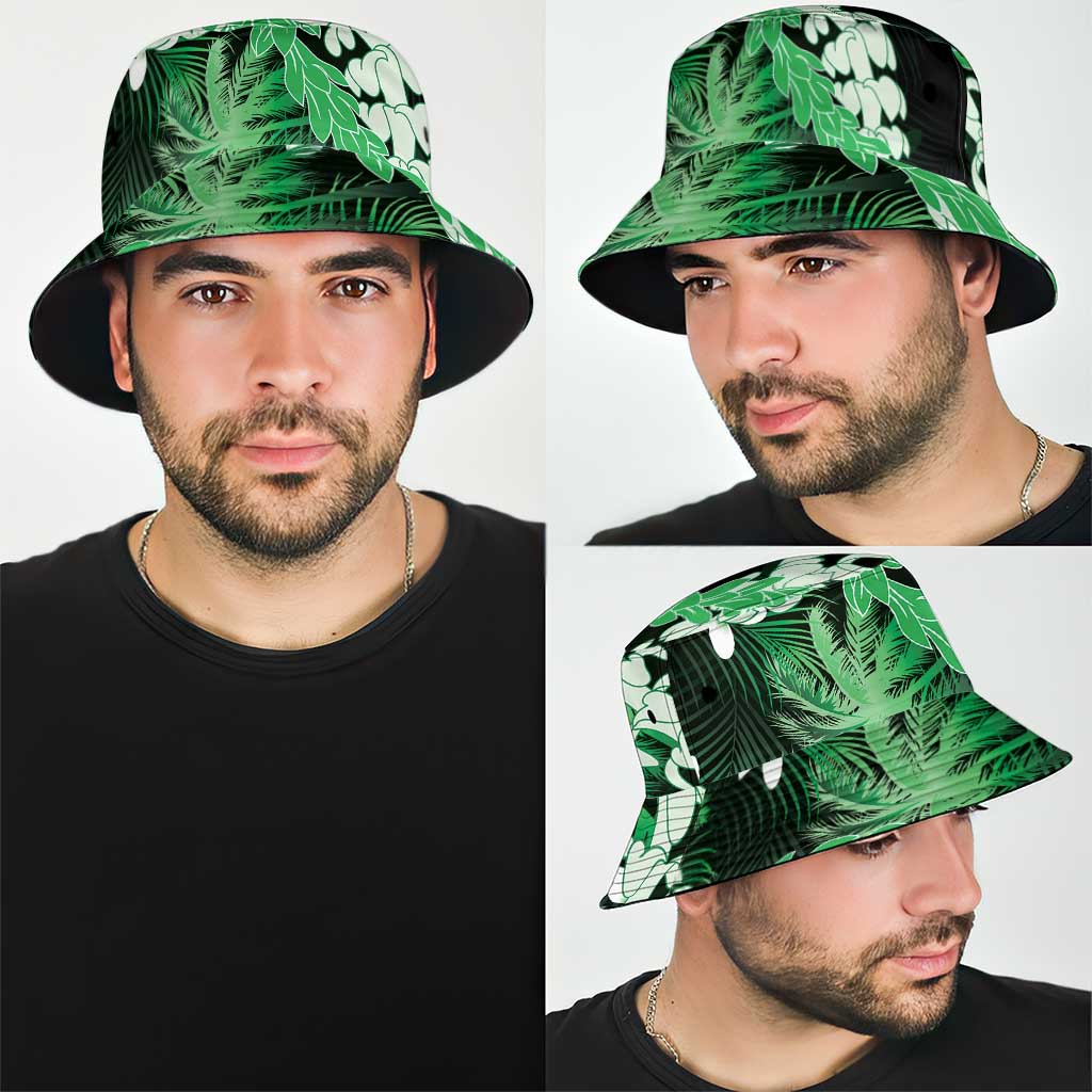 Puakenikeni Maile Lei Bucket Hat Frangipani Green Tropical Leaves