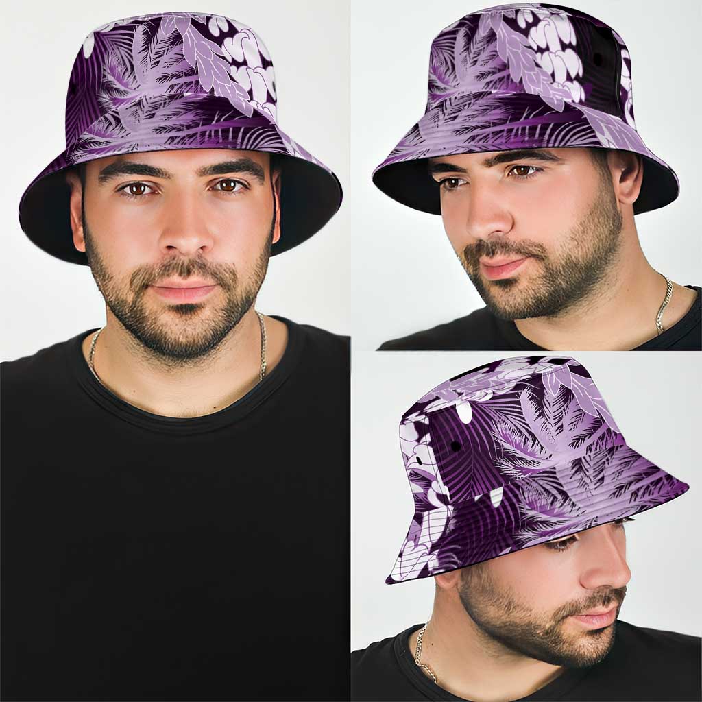 Puakenikeni Maile Lei Bucket Hat Frangipani Purple Tropical Leaves