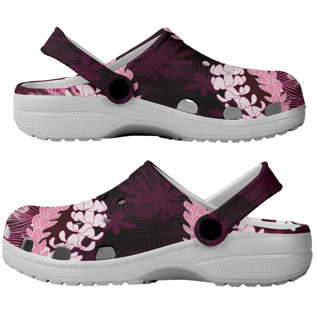 Puakenikeni Maile Lei Clogs Shoes Frangipani Pink Tropical Leaves