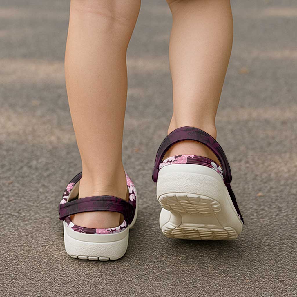 Puakenikeni Maile Lei Clogs Shoes Frangipani Pink Tropical Leaves