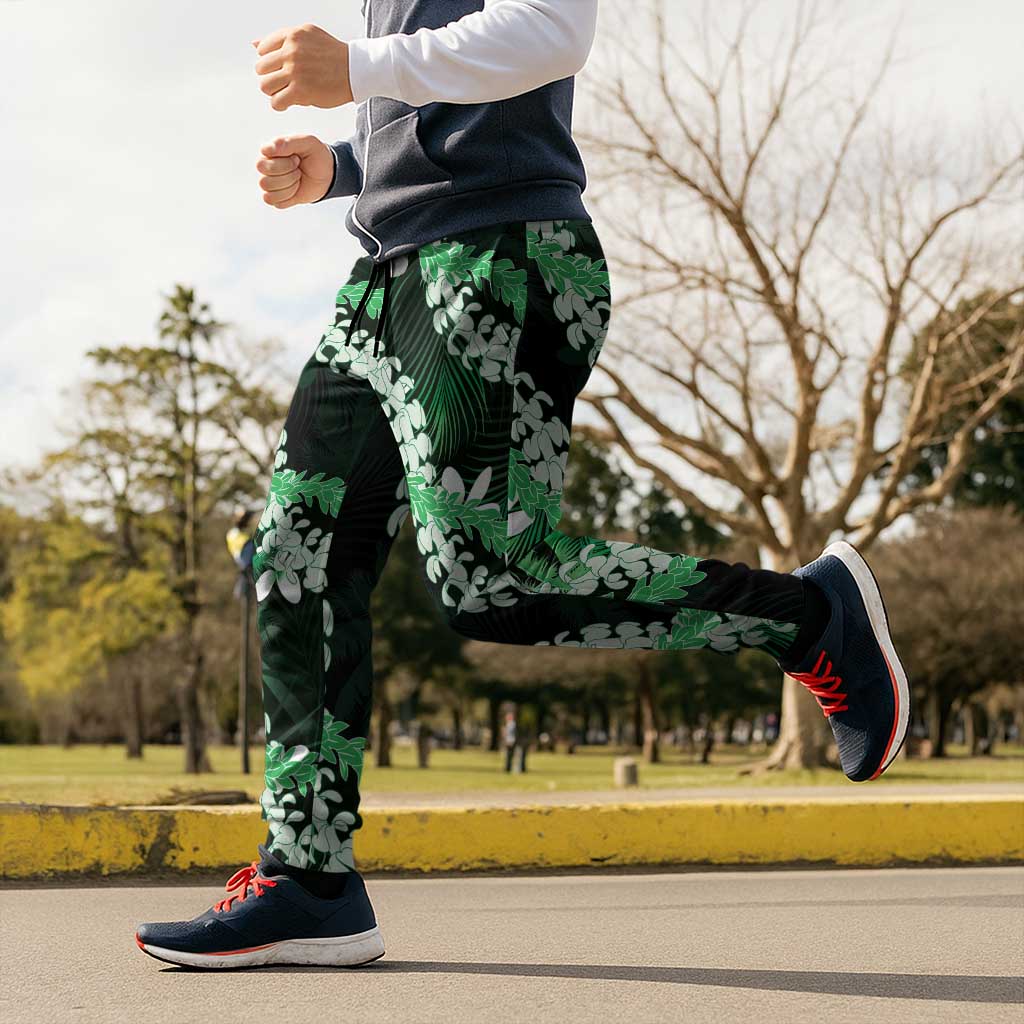 Puakenikeni Maile Lei Jogger Pants Frangipani Green Tropical Leaves