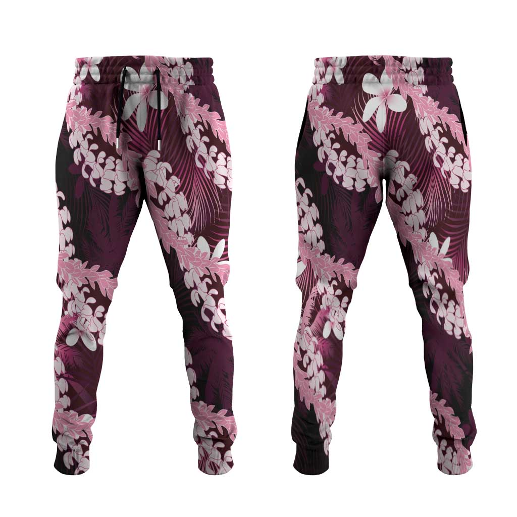 Puakenikeni Maile Lei Jogger Pants Frangipani Pink Tropical Leaves