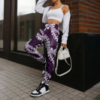 Puakenikeni Maile Lei Jogger Pants Frangipani Purple Tropical Leaves