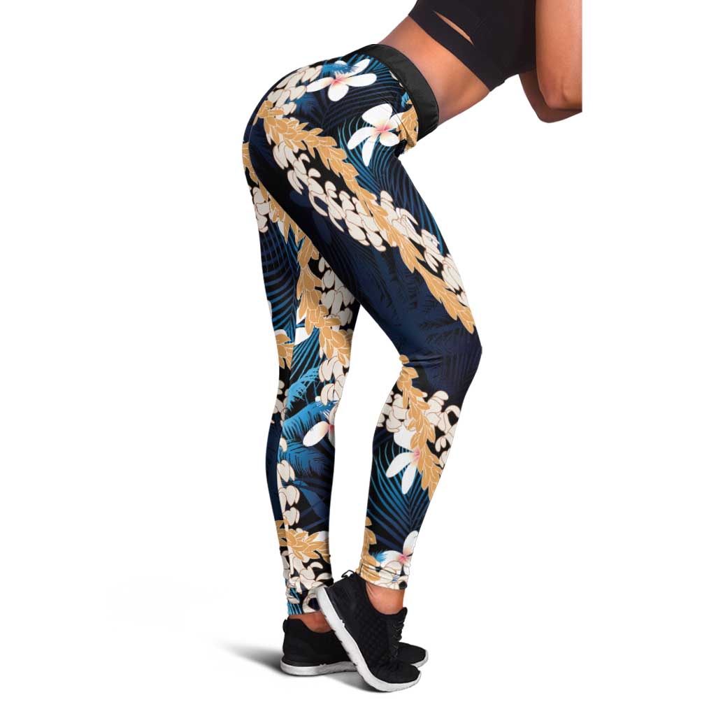 Puakenikeni Maile Lei Leggings Frangipani Blue Tropical Leaves