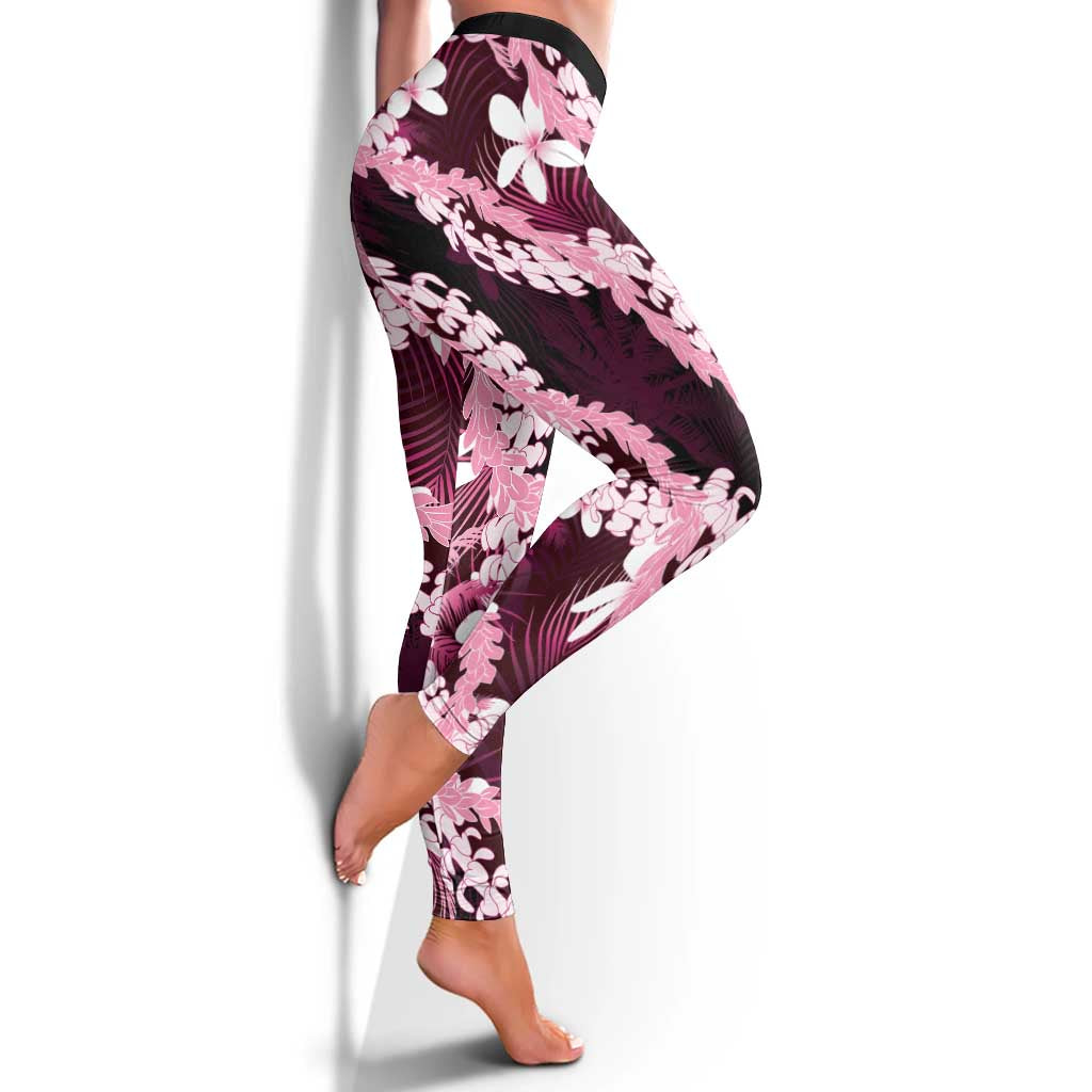 Puakenikeni Maile Lei Leggings Frangipani Pink Tropical Leaves