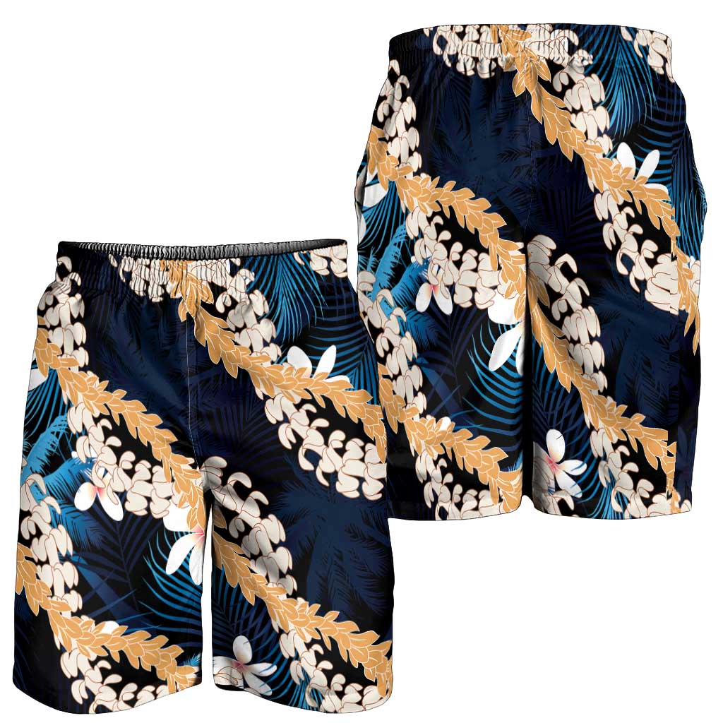 Puakenikeni Maile Lei Shorts for Men Frangipani Blue Tropical Leaves