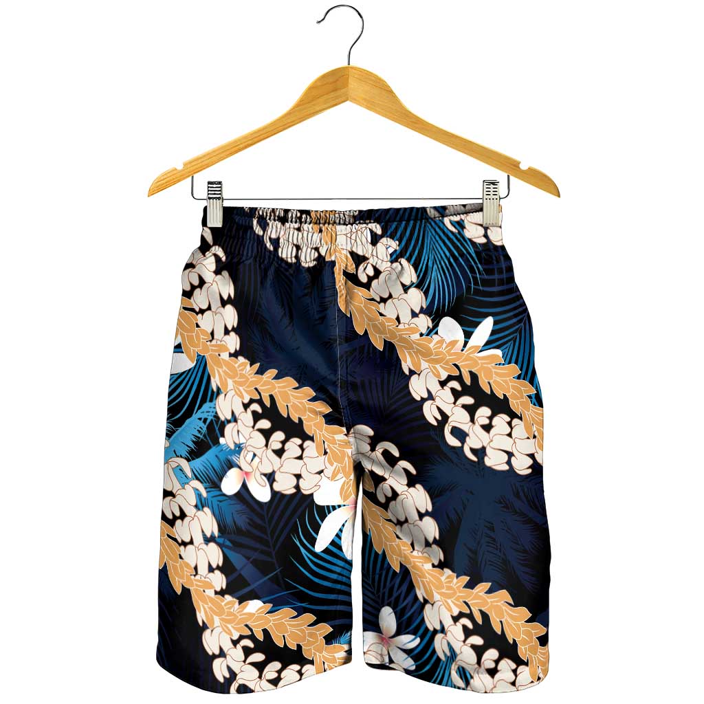 Puakenikeni Maile Lei Shorts for Men Frangipani Blue Tropical Leaves