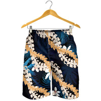 Puakenikeni Maile Lei Shorts for Men Frangipani Blue Tropical Leaves