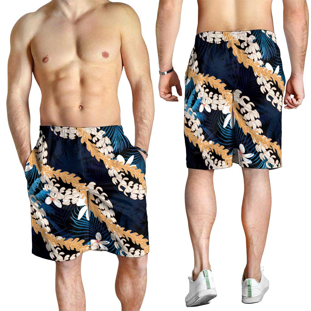 Puakenikeni Maile Lei Shorts for Men Frangipani Blue Tropical Leaves