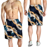 Puakenikeni Maile Lei Shorts for Men Frangipani Blue Tropical Leaves