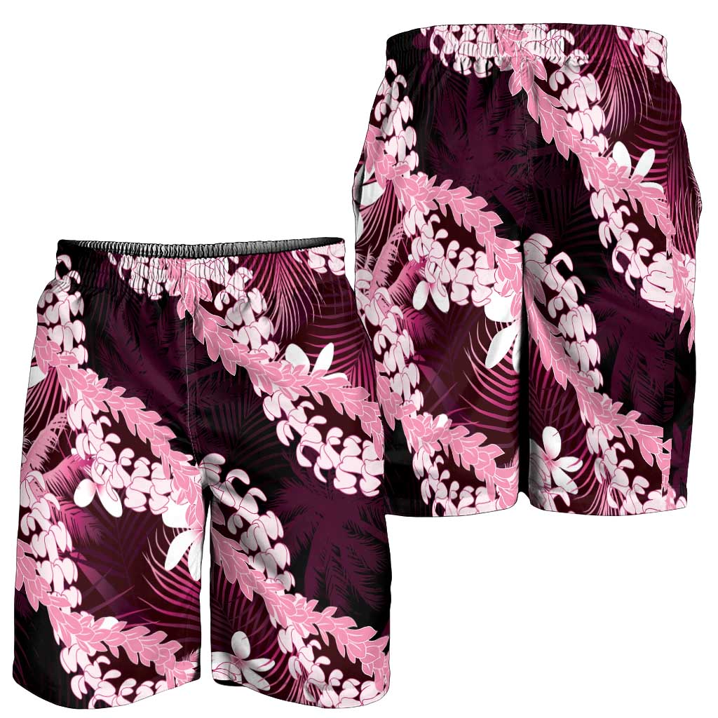 Puakenikeni Maile Lei Shorts for Men Frangipani Pink Tropical Leaves