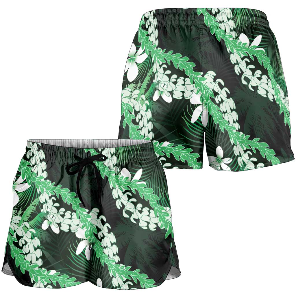 Puakenikeni Maile Lei Shorts for Women Frangipani Green Tropical Leaves