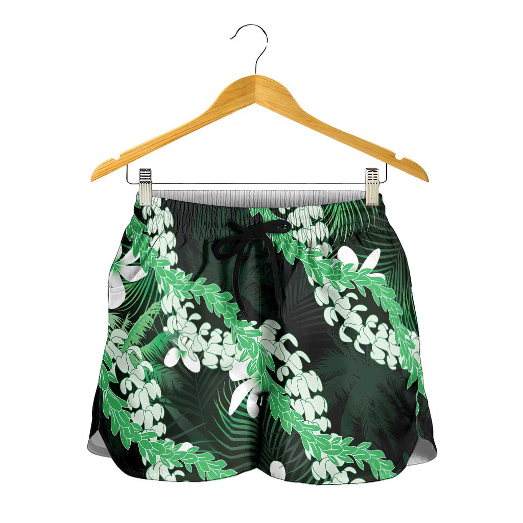Puakenikeni Maile Lei Shorts for Women Frangipani Green Tropical Leaves