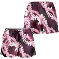 Puakenikeni Maile Lei Shorts for Women Frangipani Pink Tropical Leaves