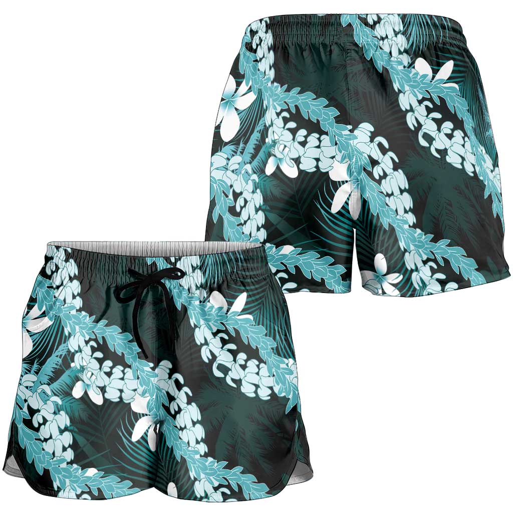 Puakenikeni Maile Lei Shorts for Women Frangipani Turquoise Tropical Leaves