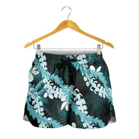 Puakenikeni Maile Lei Shorts for Women Frangipani Turquoise Tropical Leaves