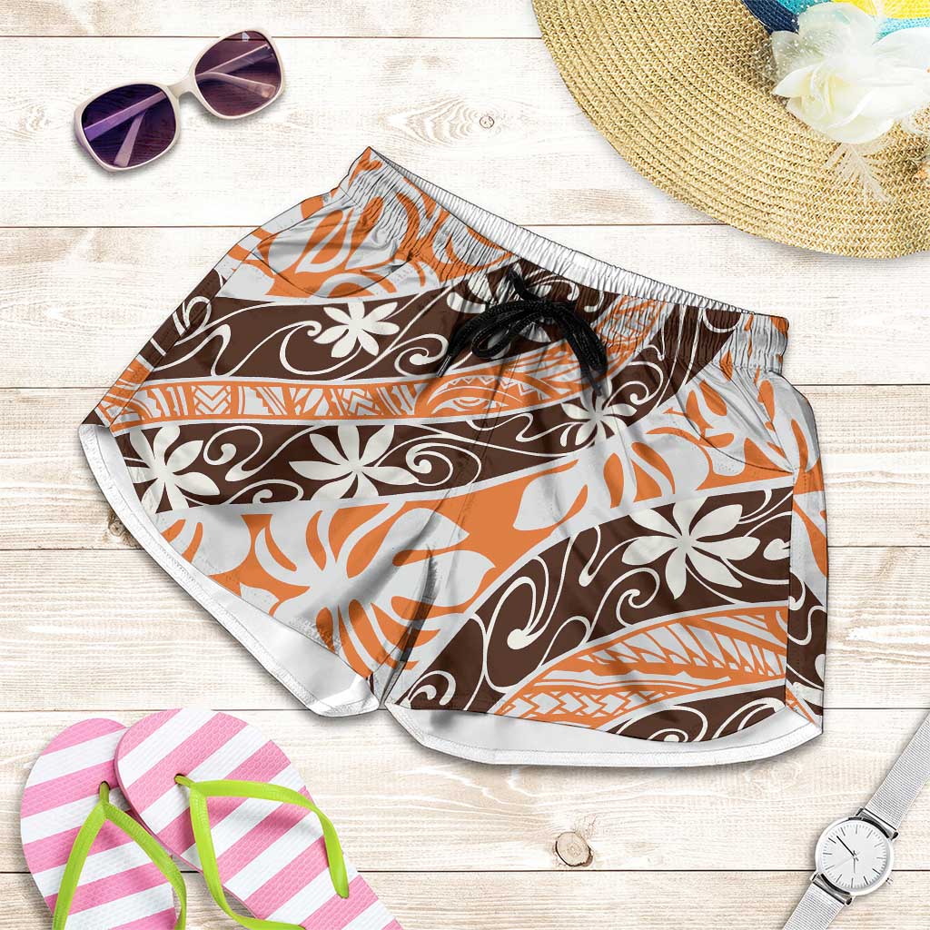Puatou Tahiti Tiare Monstera Shorts for Women Polynesian Pattern Curve Style - Polynesian Pride