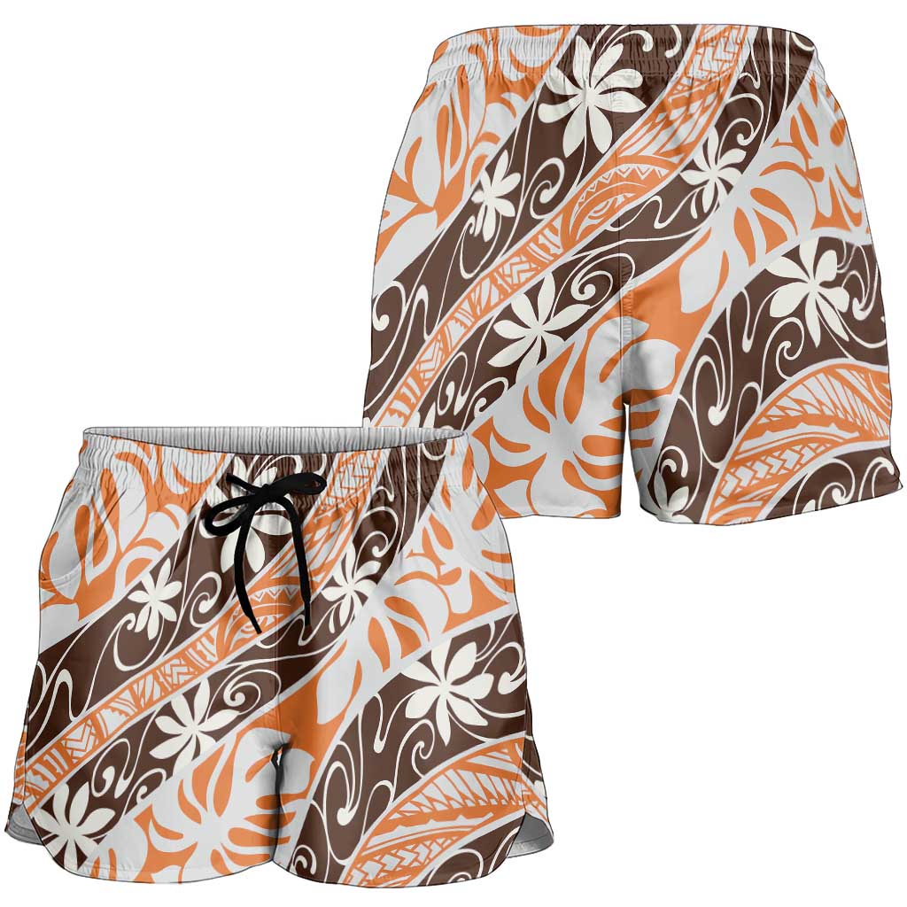 Puatou Tahiti Tiare Monstera Shorts for Women Polynesian Pattern Curve Style LT01 - Polynesian Pride