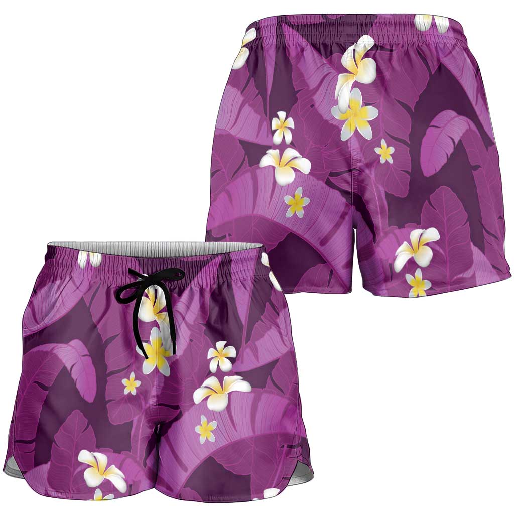 Purple Banana Leaf Hawaii Shorts for Women Lau Maia Plumeria Tropical Summer Vibes LT14 - Polynesian Pride