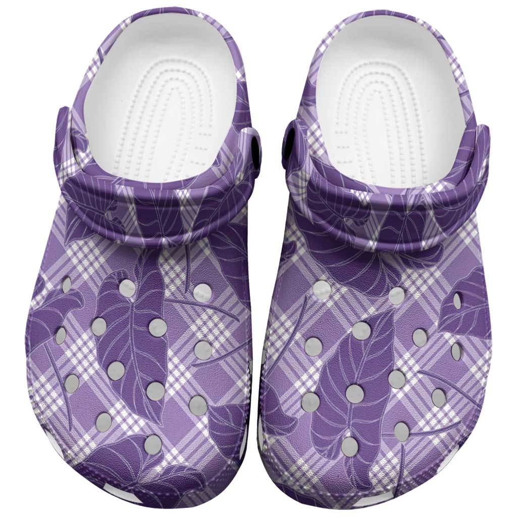 Purple Hawaii Kalo Palaka Motifs Clogs Shoes Hawaiian Taro Leaves Elegant Vibes