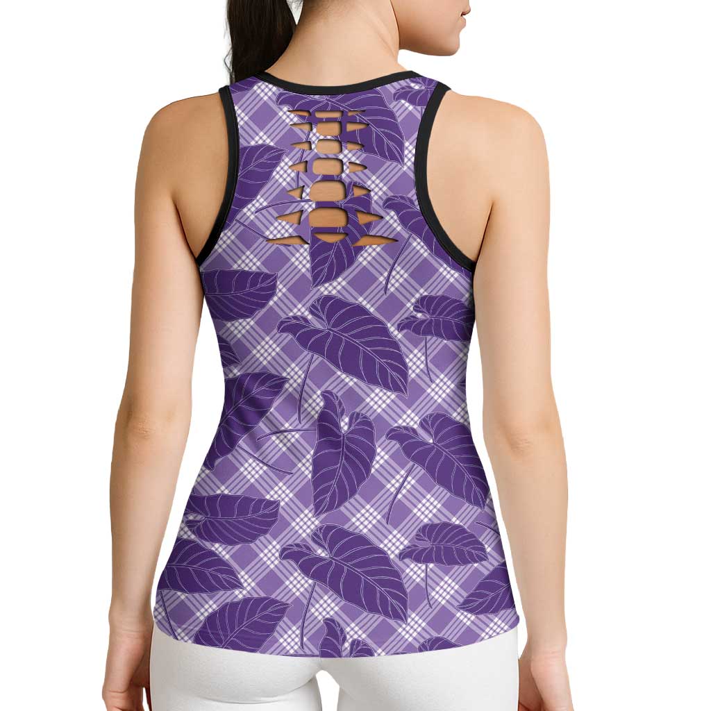 Purple Hawaii Kalo Palaka Motifs Hollow Tank Top Hawaiian Taro Leaves Elegant Vibes