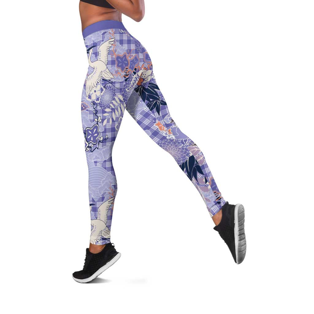 Purple Palaka Crane and Flowers Leggings Japan Heritage Spirit - Polynesian Pride