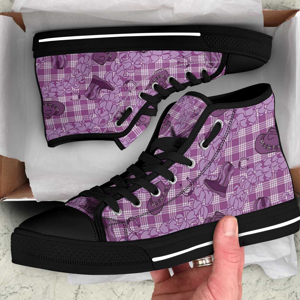 Purple Palaka Hawaii Cowboy High Top Shoes Puakenikeni Lei Paniolo Papale Seamless Vibes LT14 Purple - Polynesian Pride