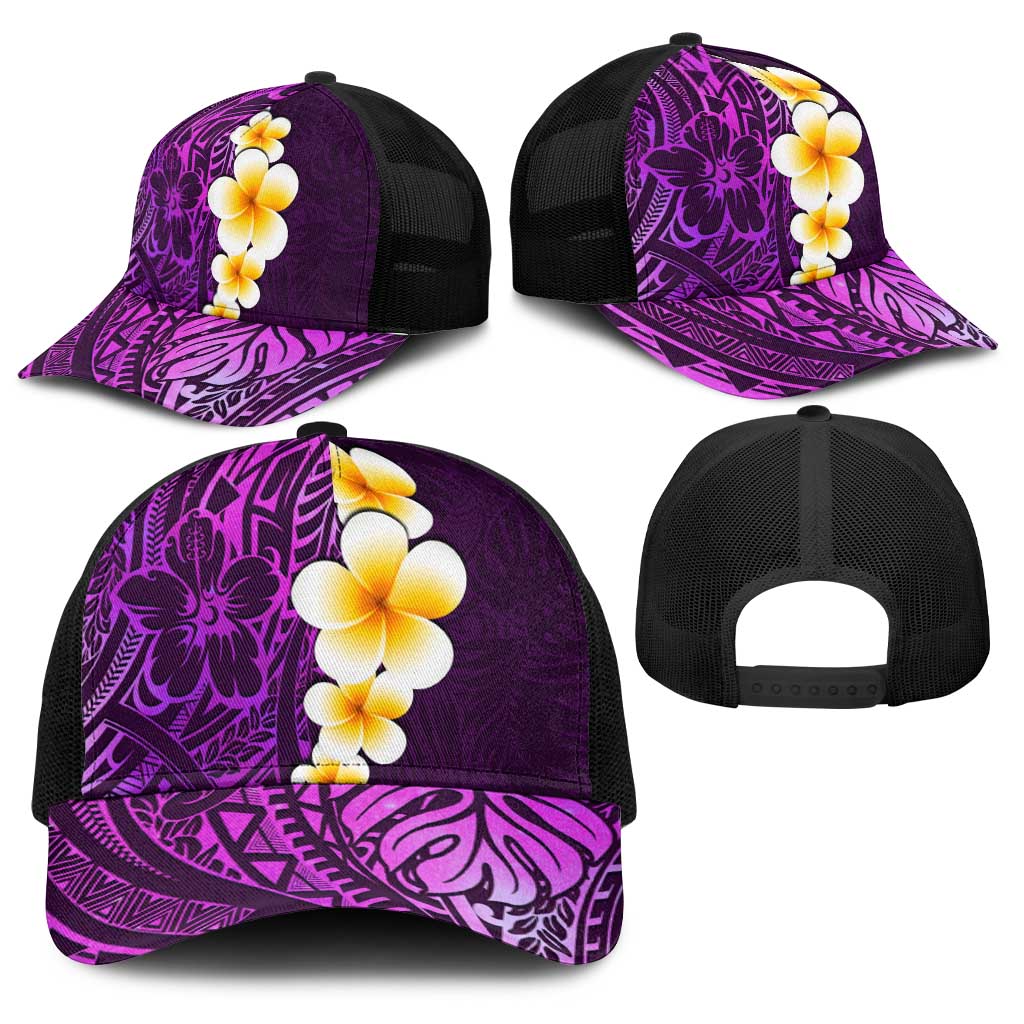 Purple Polynesia Baseball Net Cap Plumeria Tropical Leaves With Galaxy Polynesian Art - Polynesian Pride
