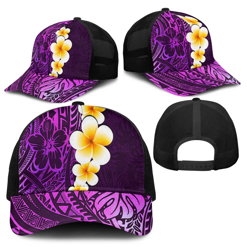Purple Polynesia Mesh Trucker Cap Plumeria Tropical Leaves With Galaxy Polynesian Art - Polynesian Pride