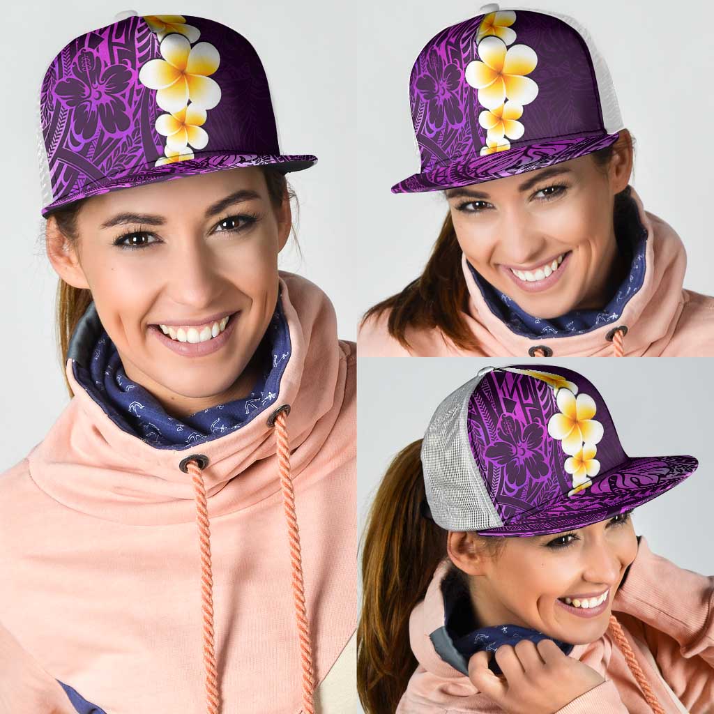 Purple Polynesia Mesh Trucker Cap Plumeria Tropical Leaves With Galaxy Polynesian Art - Polynesian Pride