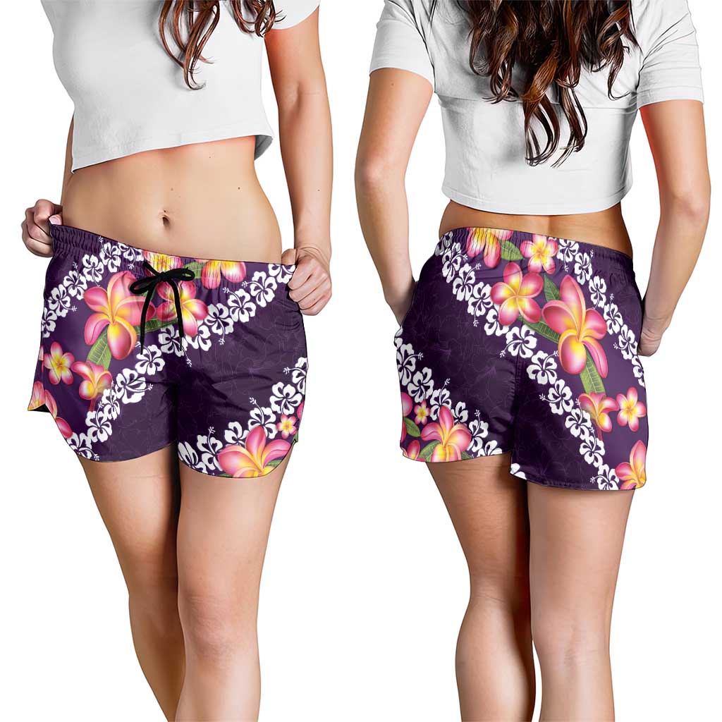 Purple Polynesia Shorts for Women Plumeria With Hibiscus Pattern Tropical Vibes - Polynesian Pride