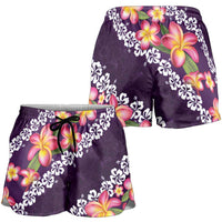 Purple Polynesia Shorts for Women Plumeria With Hibiscus Pattern Tropical Vibes - Polynesian Pride