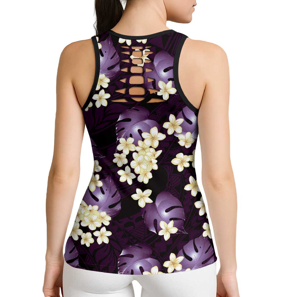 Purple Tropical Hawaii Hollow Tank Top Seamless Monstera Plumeria Hawaiian Pattern - Polynesian Pride