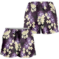 Purple Tropical Hawaii Shorts for Women Seamless Monstera Plumeria Hawaiian Pattern - Polynesian Pride