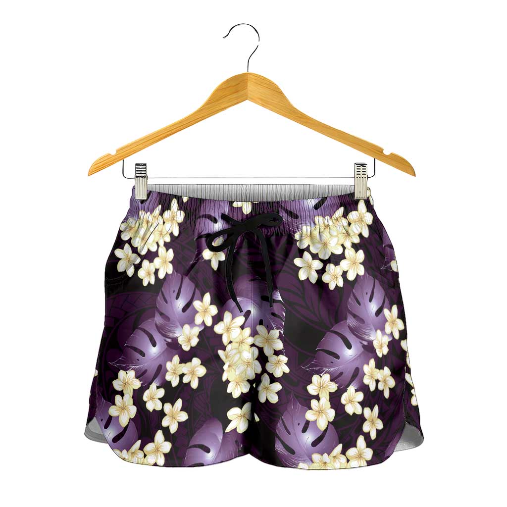 Purple Tropical Hawaii Shorts for Women Seamless Monstera Plumeria Hawaiian Pattern - Polynesian Pride