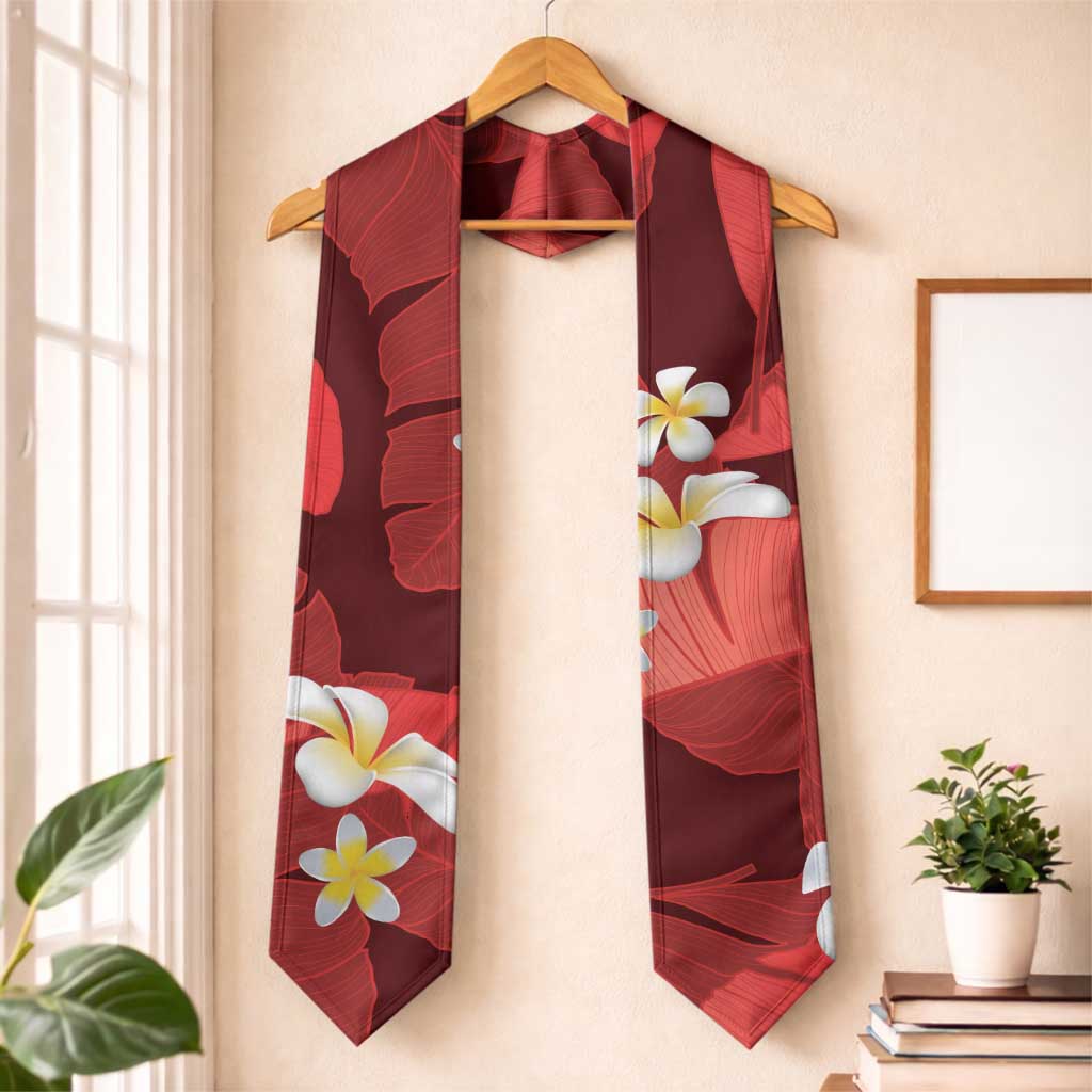 Red Banana Leaf Hawaii Graduation Stole Lau Maia Plumeria Tropical Summer Vibes LT14 One Size Red - Polynesian Pride