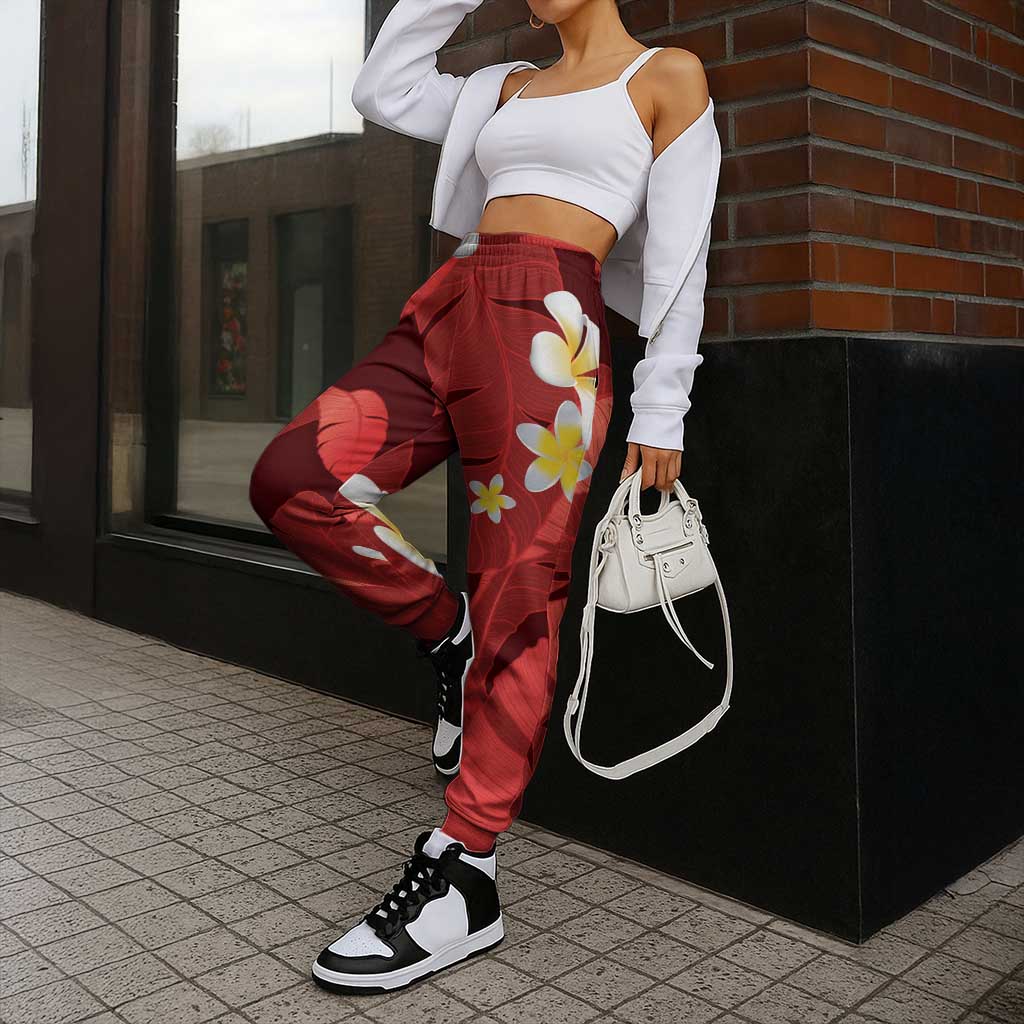 Red Banana Leaf Hawaii Jogger Pants Lau Maia Plumeria Tropical Summer Vibes LT14 - Polynesian Pride