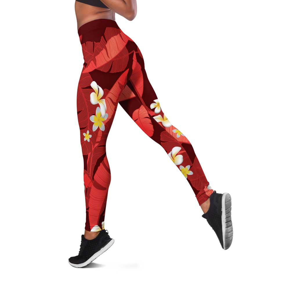 Red Banana Leaf Hawaii Leggings Lau Maia Plumeria Tropical Summer Vibes LT14 Red - Polynesian Pride