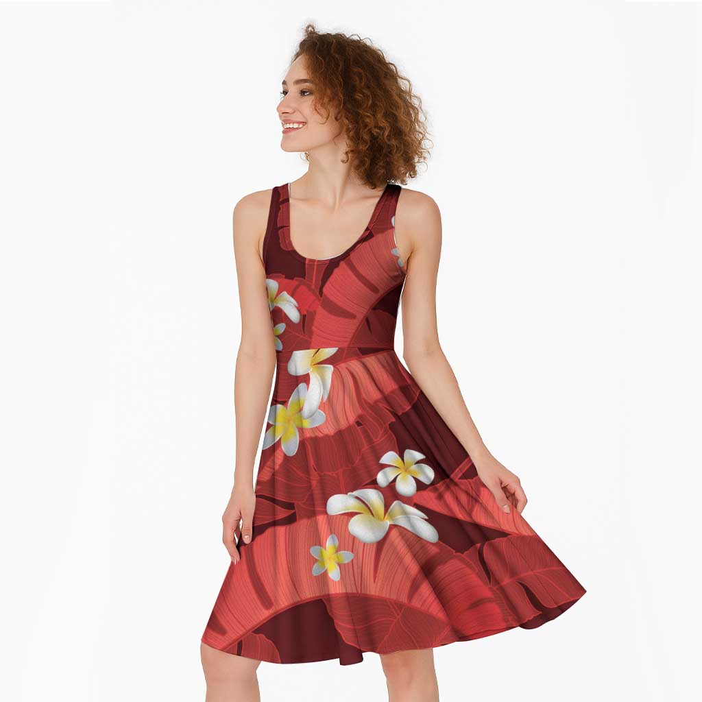 Red Banana Leaf Hawaii Midi Dress Lau Maia Plumeria Tropical Summer Vibes LT14 - Polynesian Pride