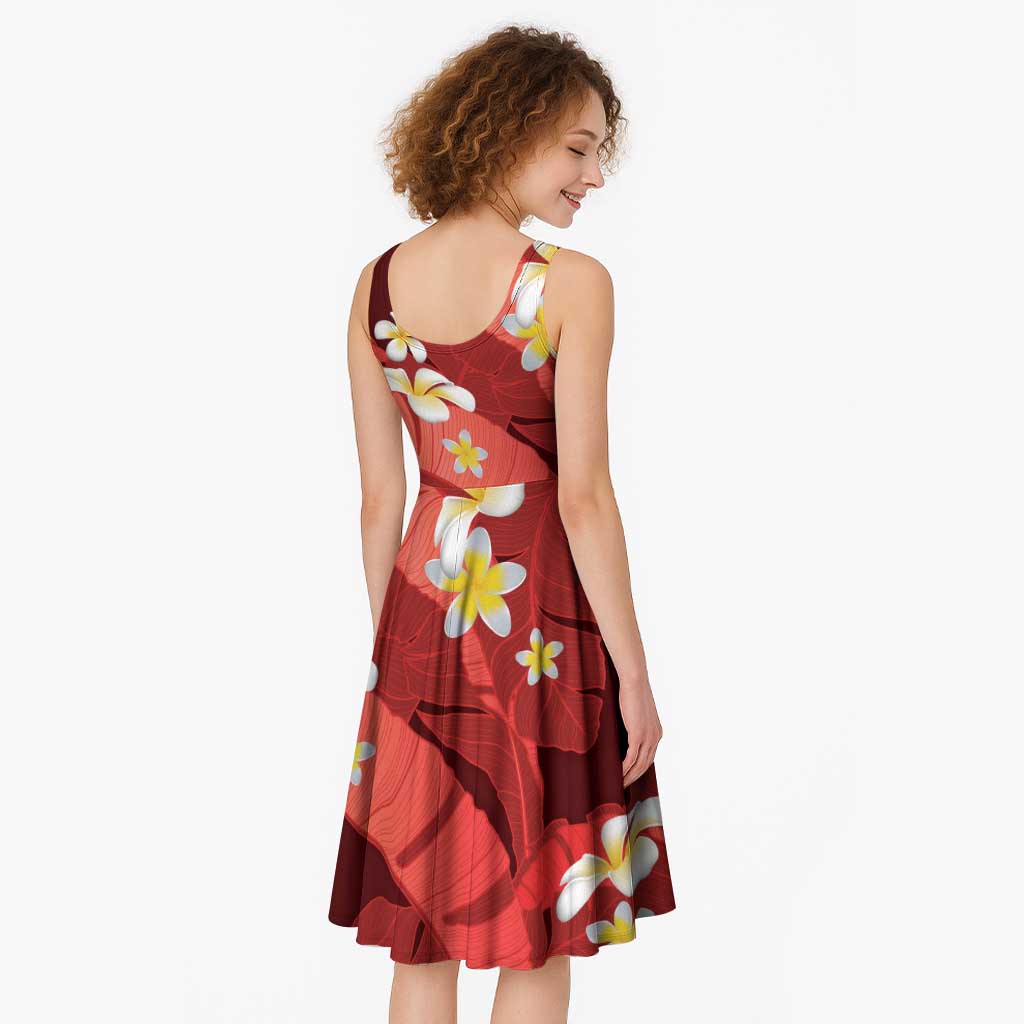 Red Banana Leaf Hawaii Midi Dress Lau Maia Plumeria Tropical Summer Vibes LT14 - Polynesian Pride