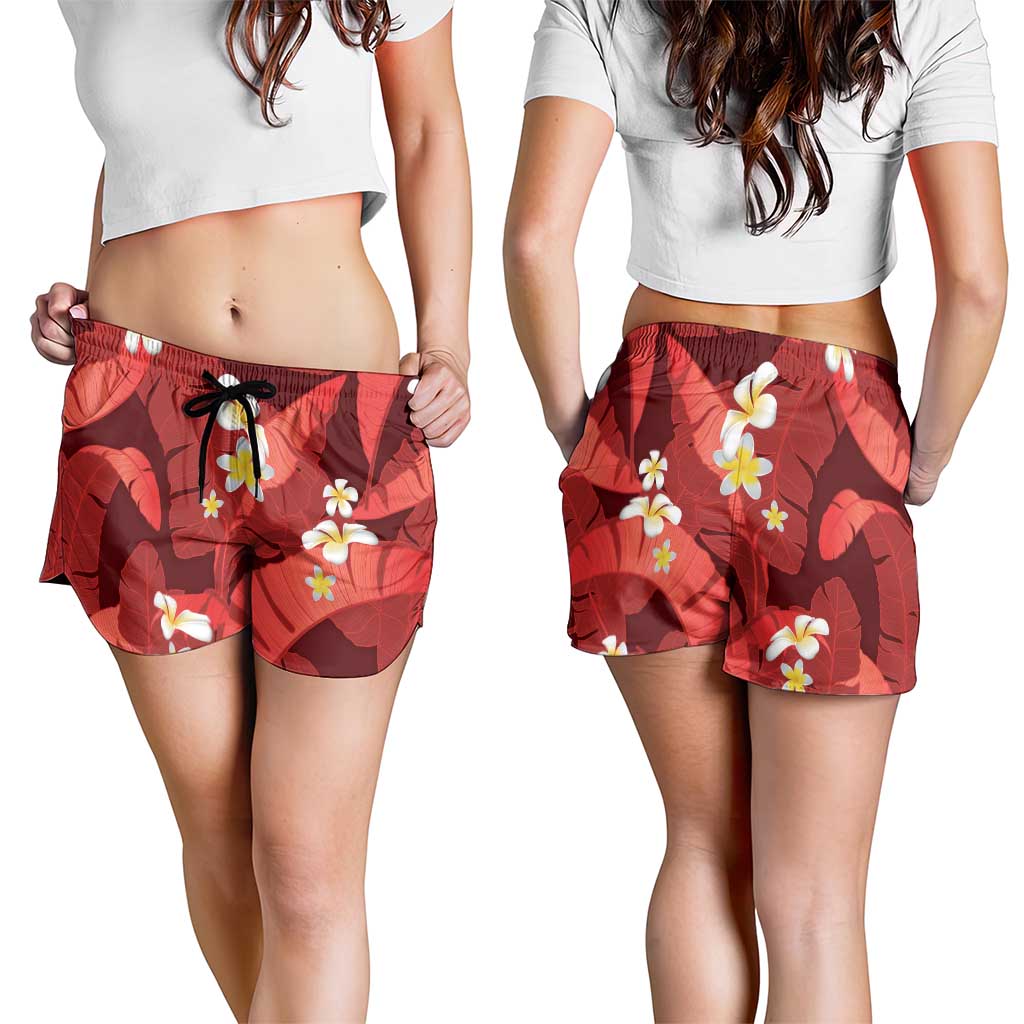 Red Banana Leaf Hawaii Shorts for Women Lau Maia Plumeria Tropical Summer Vibes LT14 - Polynesian Pride